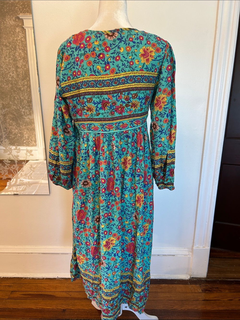 Bohemian Teal Floral Tie-Front Long Sleeve Midi Dress - Picture 4 of 8